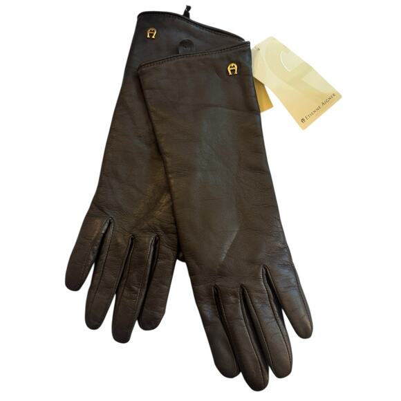 Etienne Aigner Ladies Medium Brown Leather Gloves Cashmere Lined Classy Warm - Picture 1 of 7